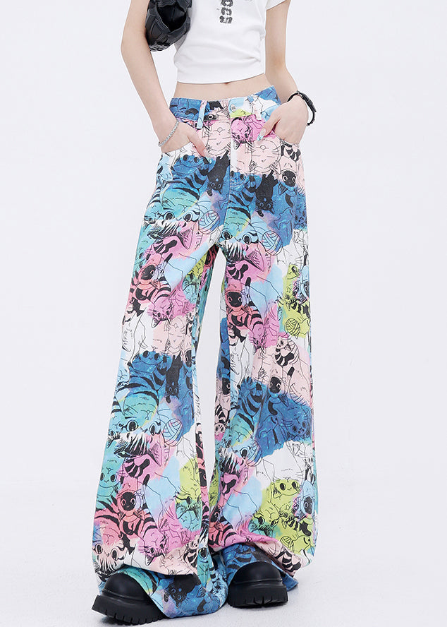 Fashion Pockets Cartoon Print Denim Wide Leg Pants Fall