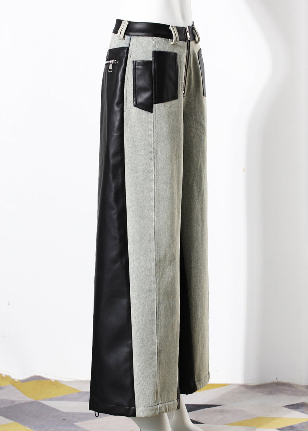 Fashion Pockets Faux Leather Patchwork Denim Wide Leg Pants Fall