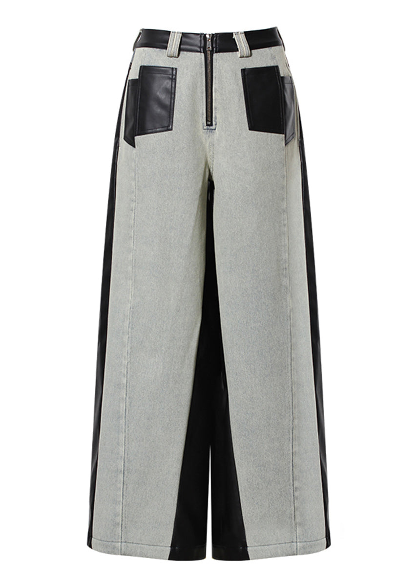 Fashion Pockets Faux Leather Patchwork Denim Wide Leg Pants Fall