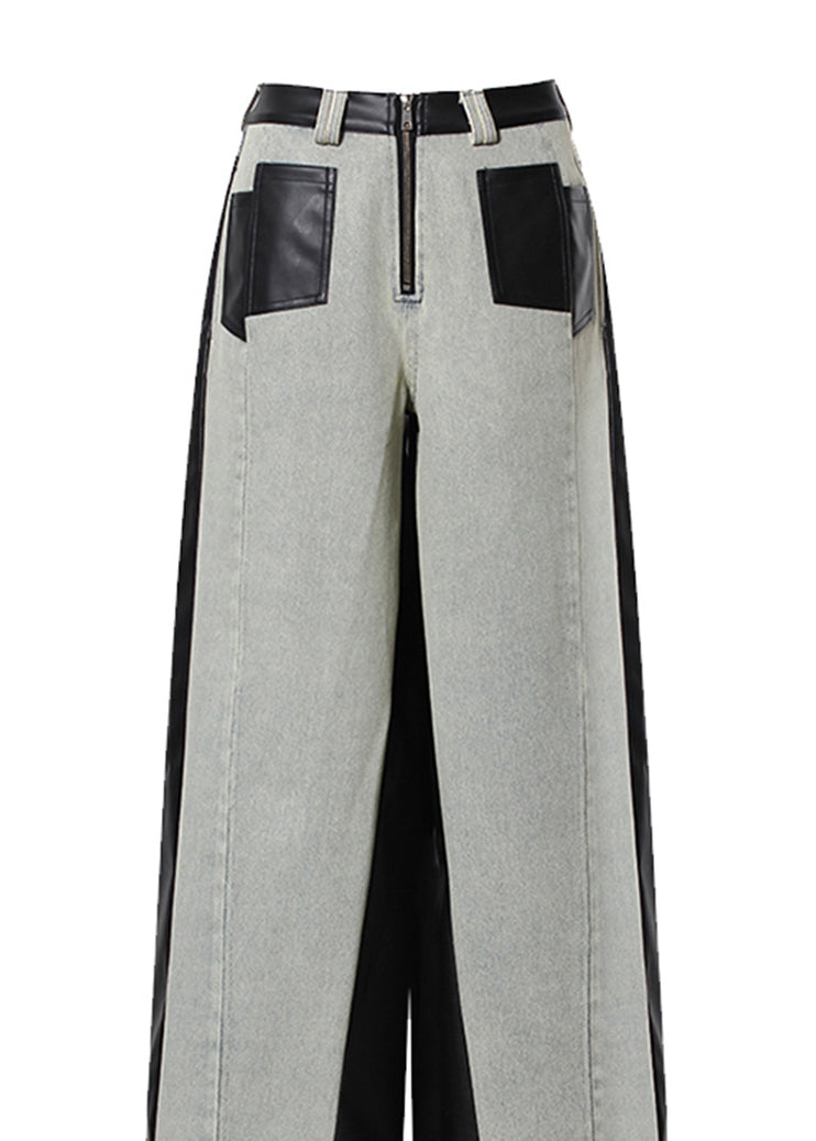 Fashion Pockets Faux Leather Patchwork Denim Wide Leg Pants Fall