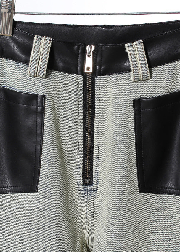 Fashion Pockets Faux Leather Patchwork Denim Wide Leg Pants Fall