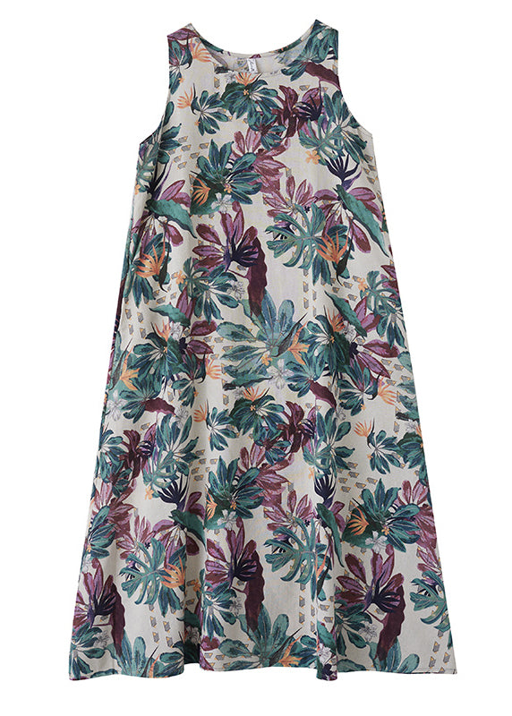 Fashion Print Exra Large Hem Cotton Loose Dress Sleeveless