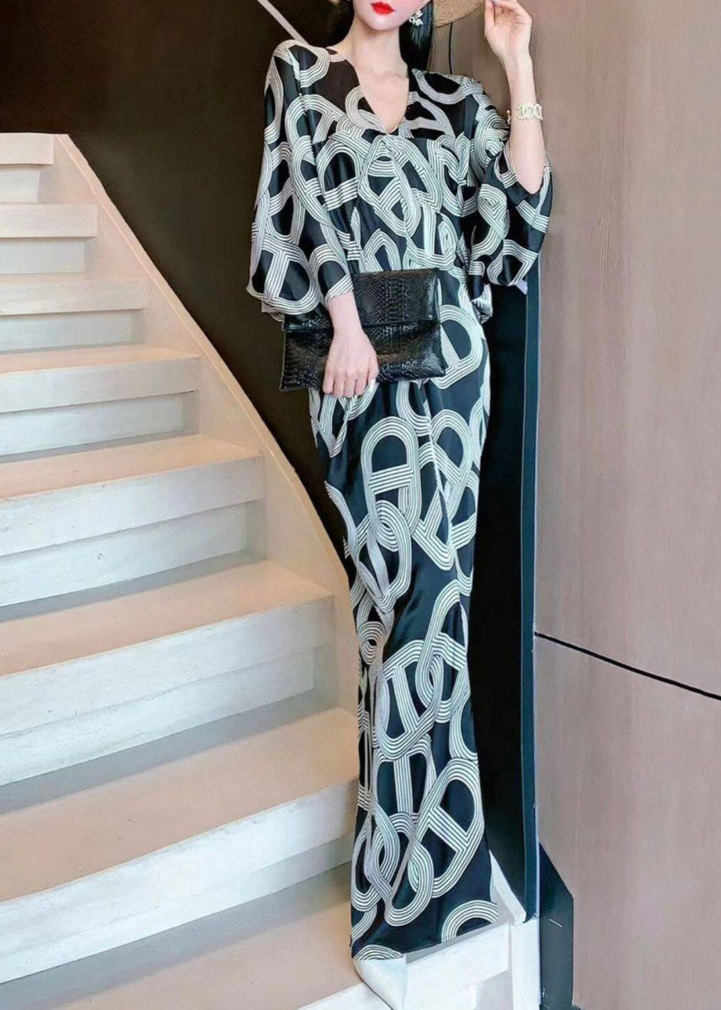 Fashion Print Long Dress V Neck Three Quarter Sleeve