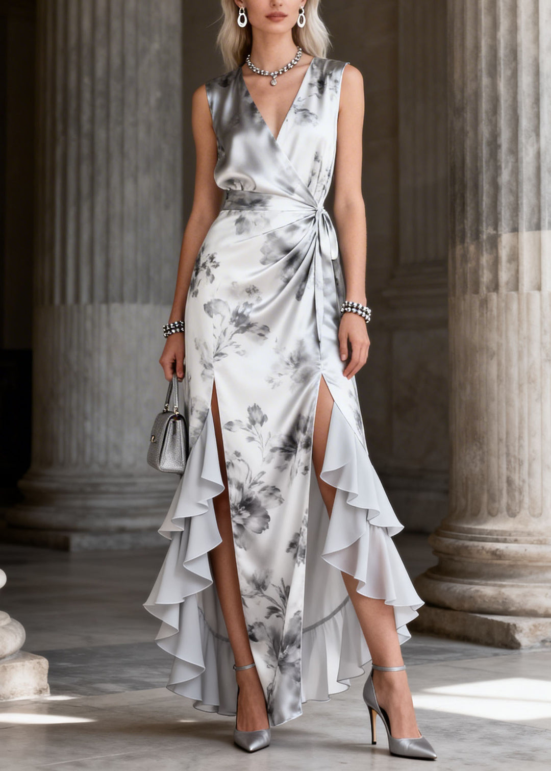 Fashion Print Ruffled Asymmetrical Patchwork Silk Maxi Dresses Summer