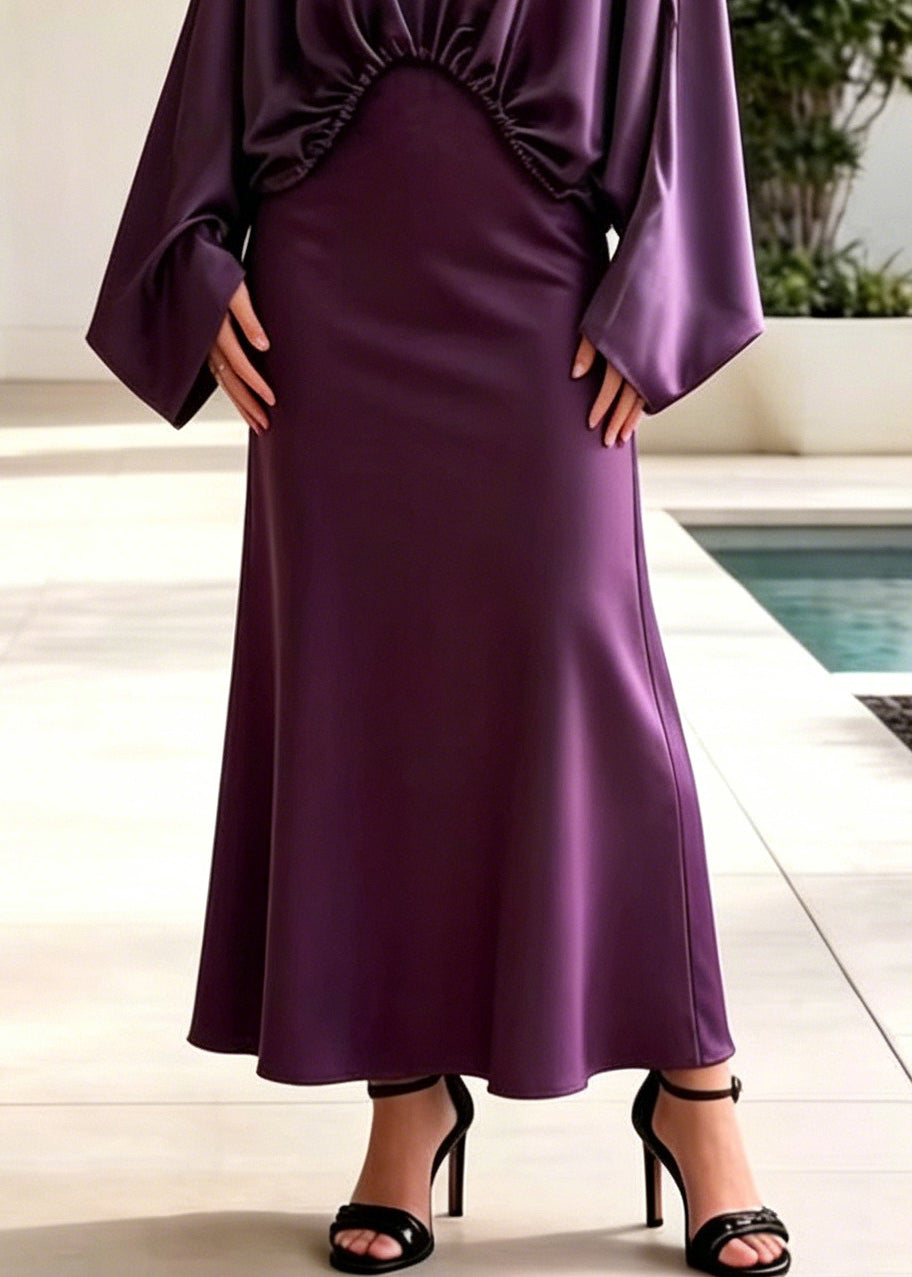 Fashion Purple Asymmetrical Design Draping Silk Two Pieces Set Batwing Sleeve