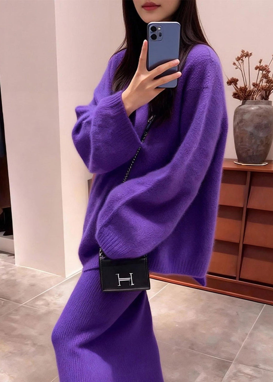 Fashion Purple Backless Bow Knit Two Piece Set Outfits Winter