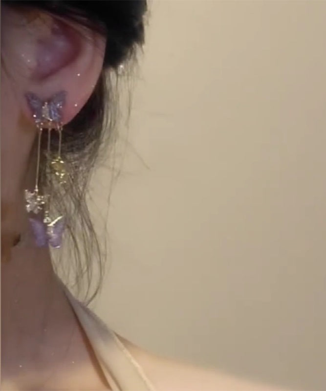 Fashion Purple Copper Alloy Zircon Crystal Butterfly Tassel Drop Earrings