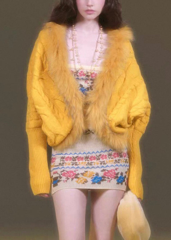 Fashion Purple Fur Collar Patchwork Cotton Knit Cardigans Lantern Sleeve