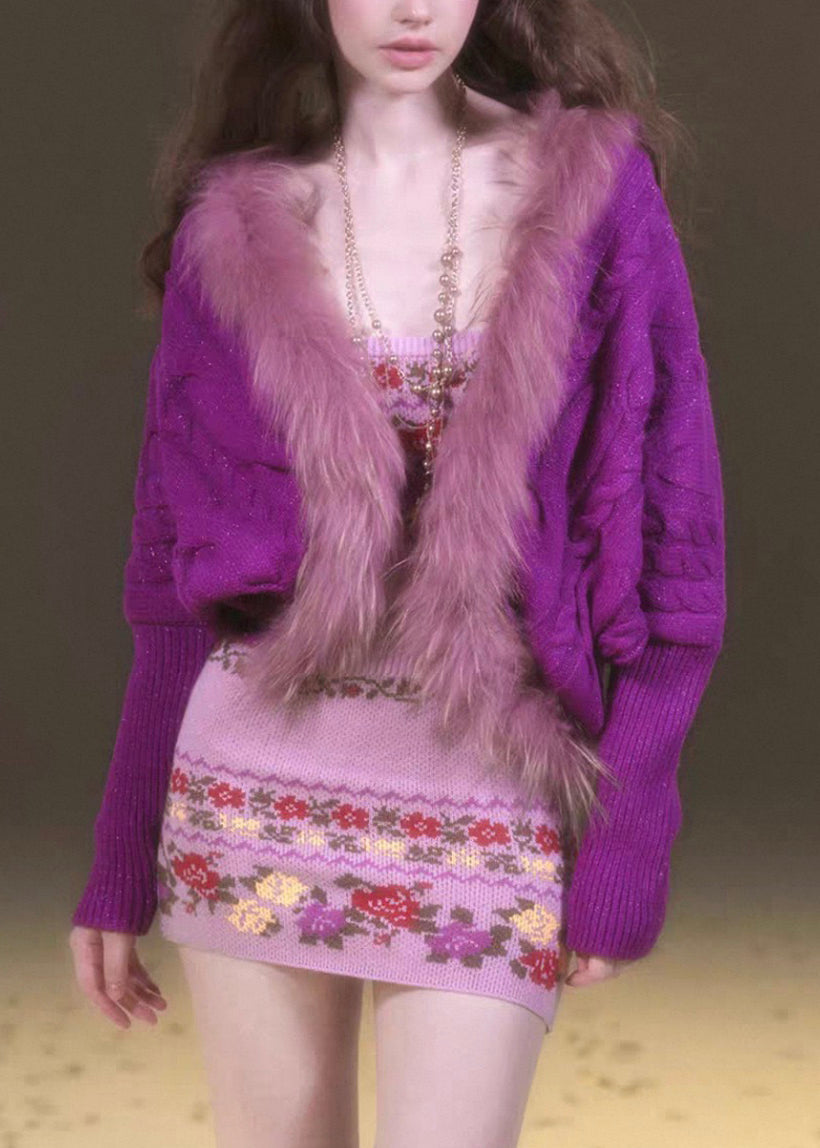 Fashion Purple Fur Collar Patchwork Cotton Knit Cardigans Lantern Sleeve