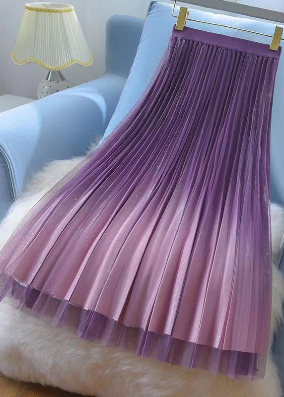 Fashion Purple Gradient Wrinkled High Waist Tulle Skirt Spring