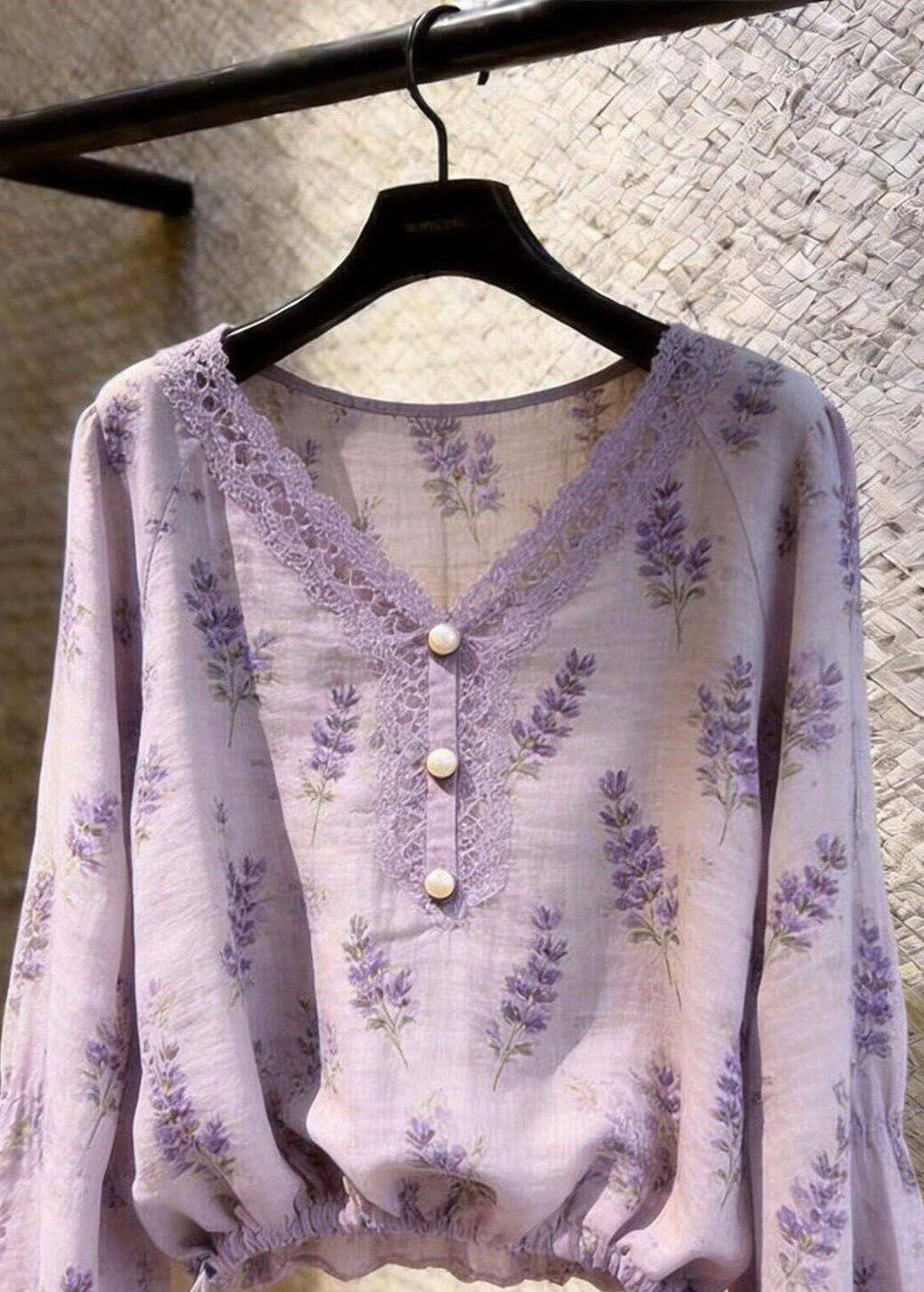 Fashion Purple Hollow Out Print Button Shirts Fall