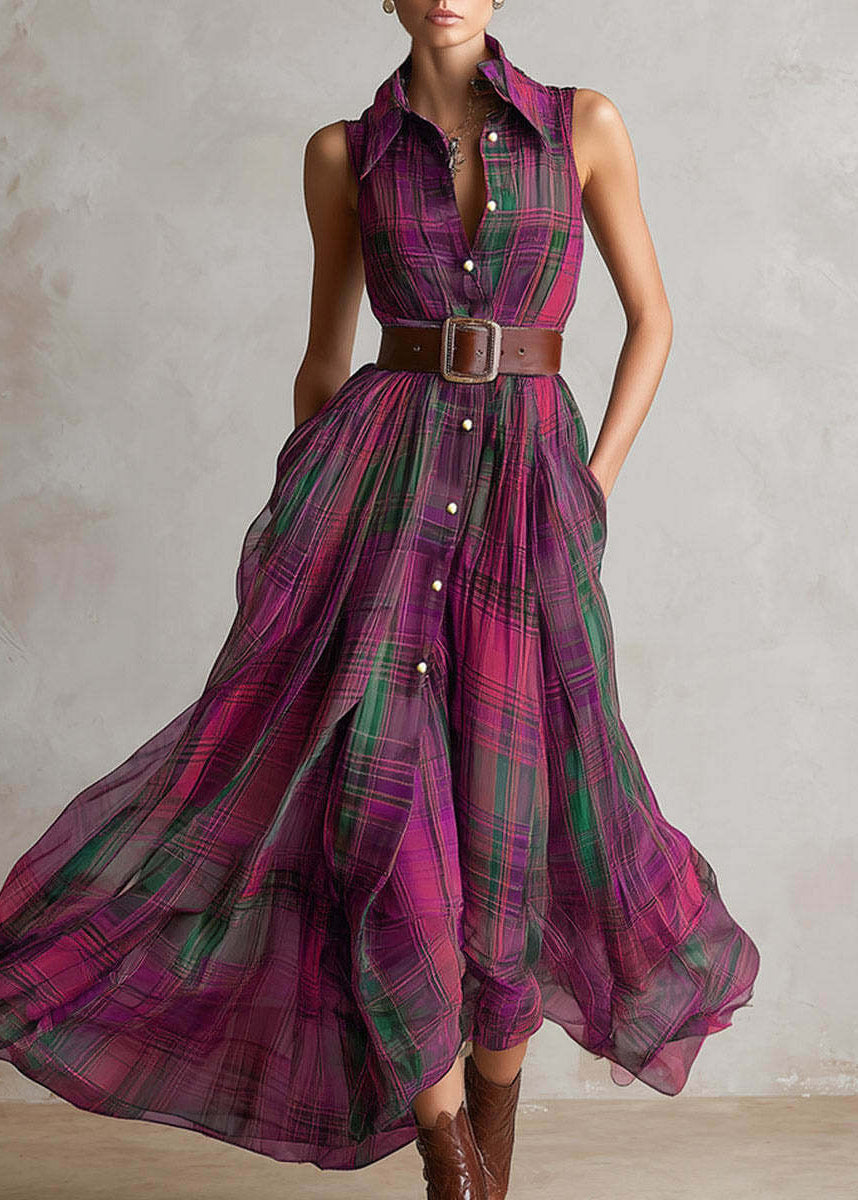 Fashion Purple Plaid Peter Pan Collar Sashes Long Dress Sleeveless