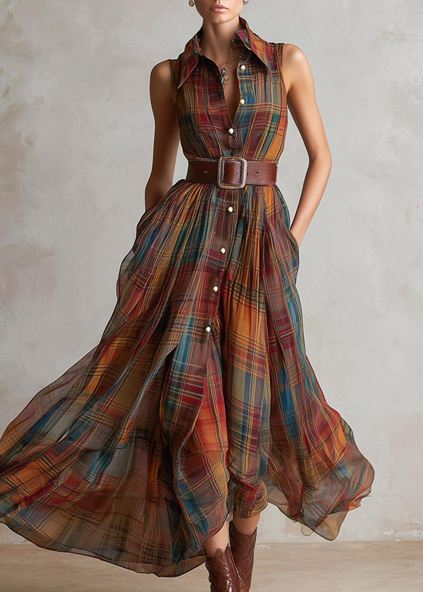 Fashion Purple Plaid Peter Pan Collar Sashes Long Dress Sleeveless