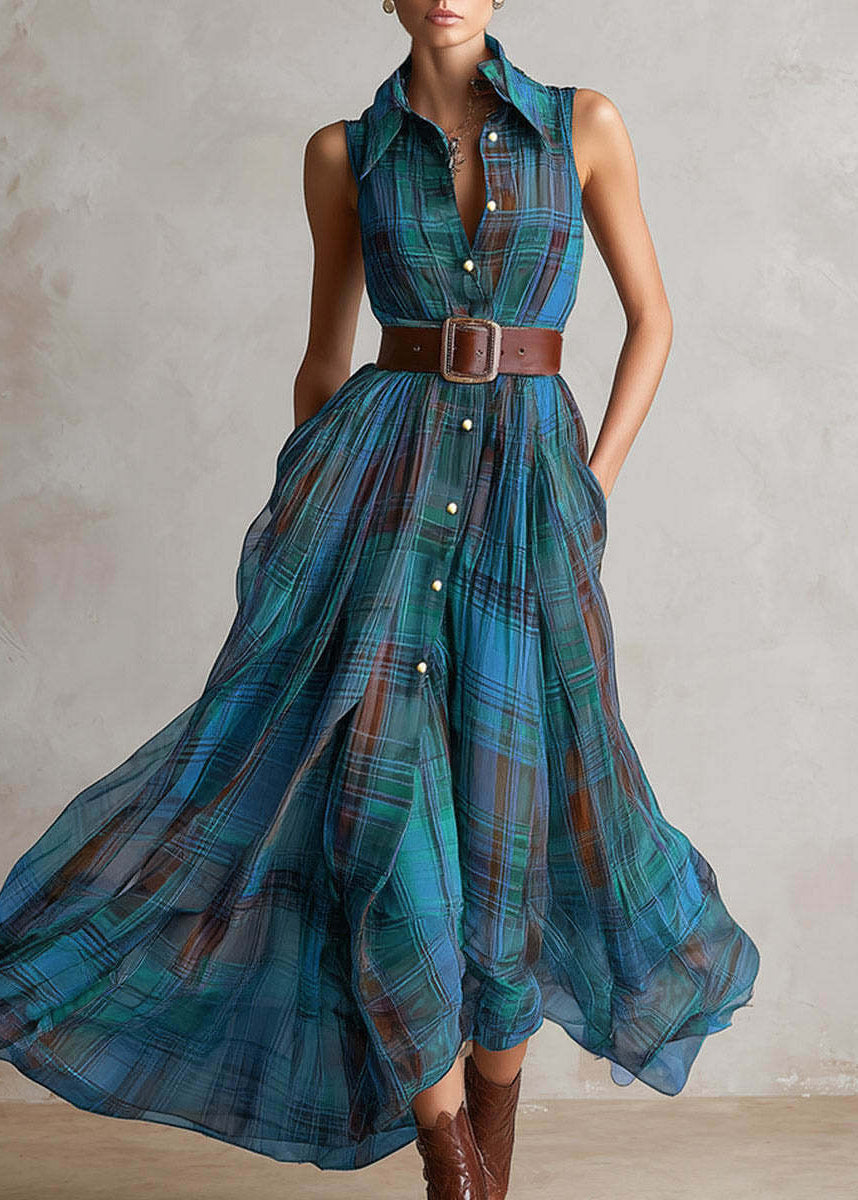 Fashion Purple Plaid Peter Pan Collar Sashes Long Dress Sleeveless