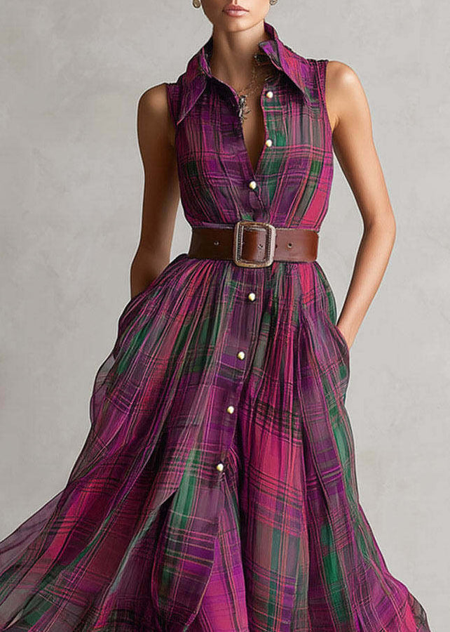 Fashion Purple Plaid Peter Pan Collar Sashes Long Dress Sleeveless