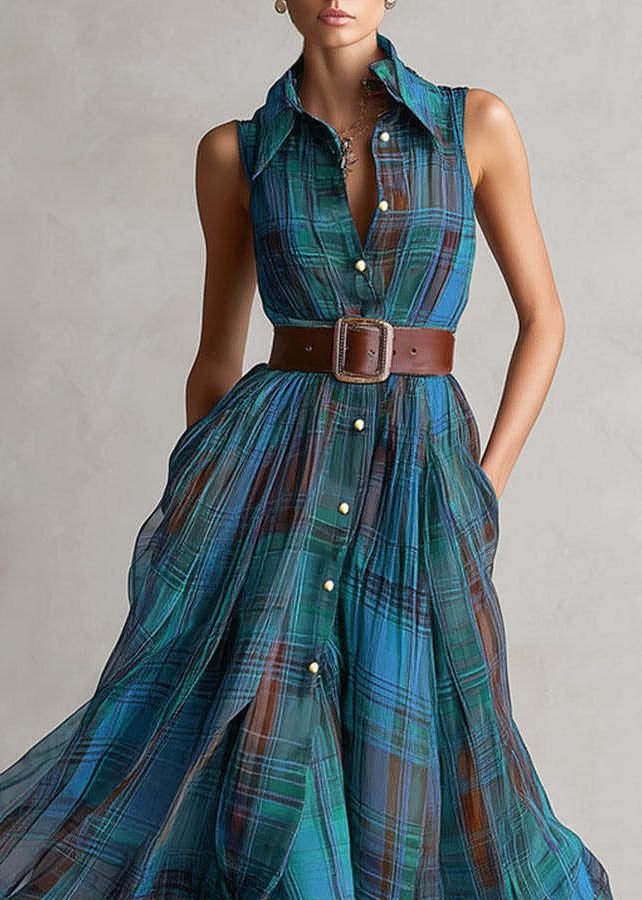 Fashion Purple Plaid Peter Pan Collar Sashes Long Dress Sleeveless