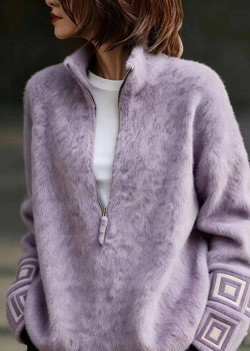 Fashion Purple Stand Collar Zippered Mink Hair Knitted Sweater Fall