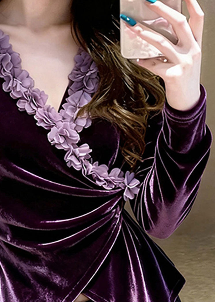 Fashion Purple V Neck Floral Velour Shirts Spring