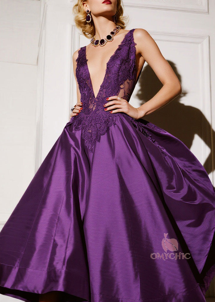 Fashion Purple V Neck Lace Patchwork Silk Dresses Summer