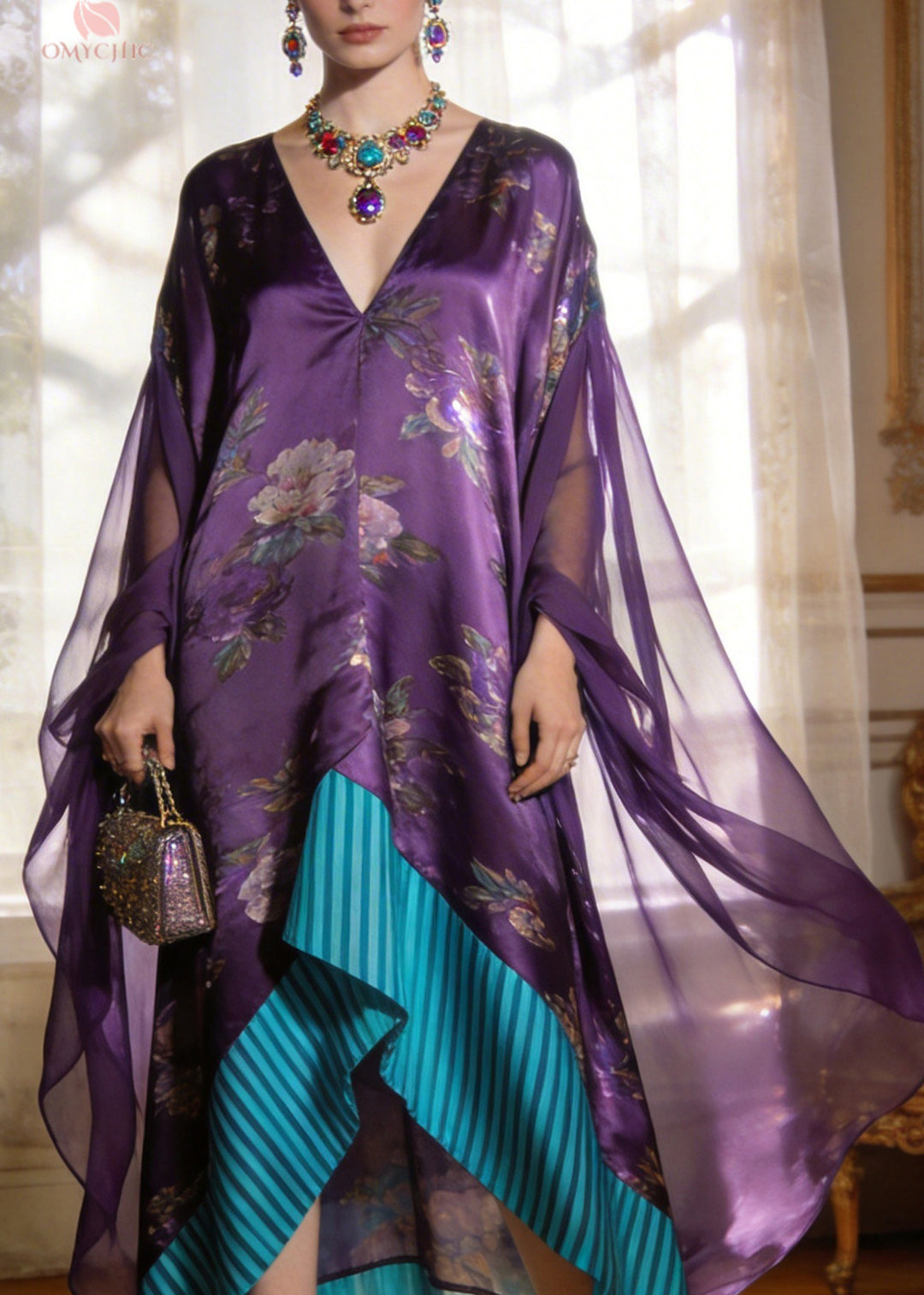 Fashion Purple V Neck Print Asymmetrical Patchwork Silk Mini Dresses Summer