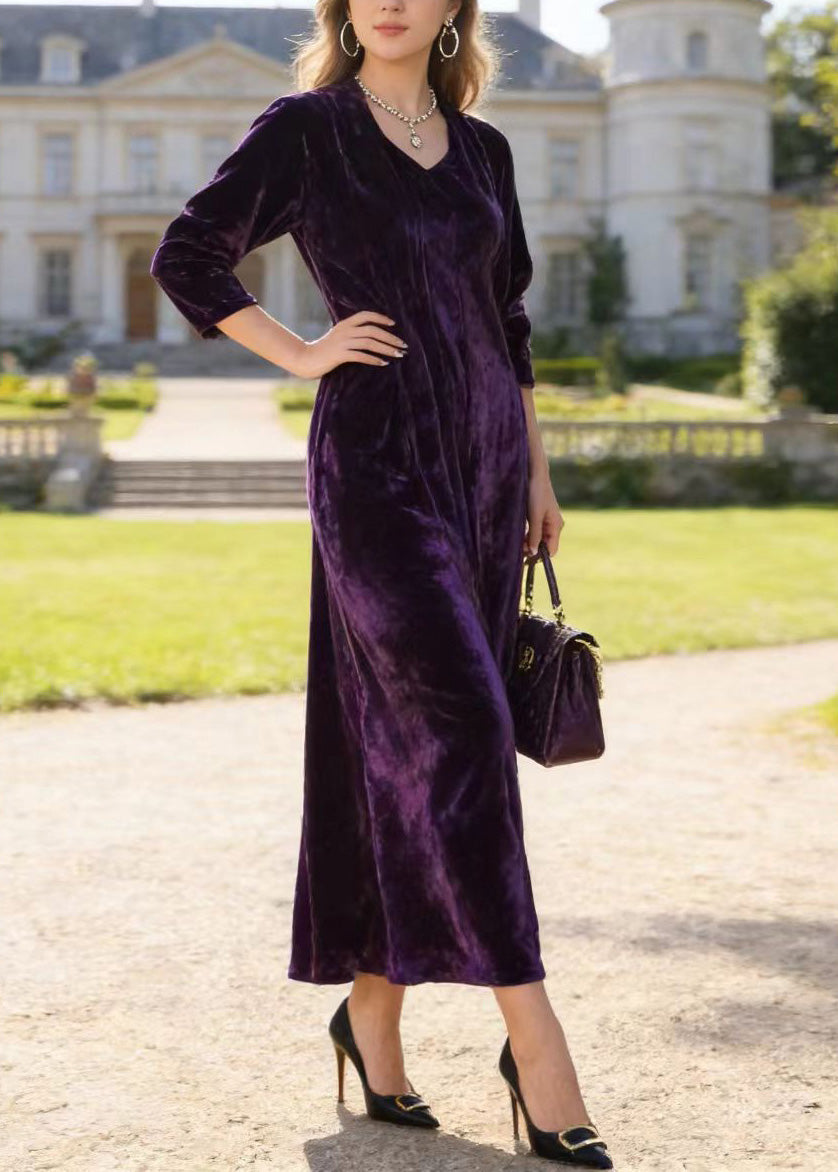 Fashion Purple V Neck Print Loose Velvet Dress Spring