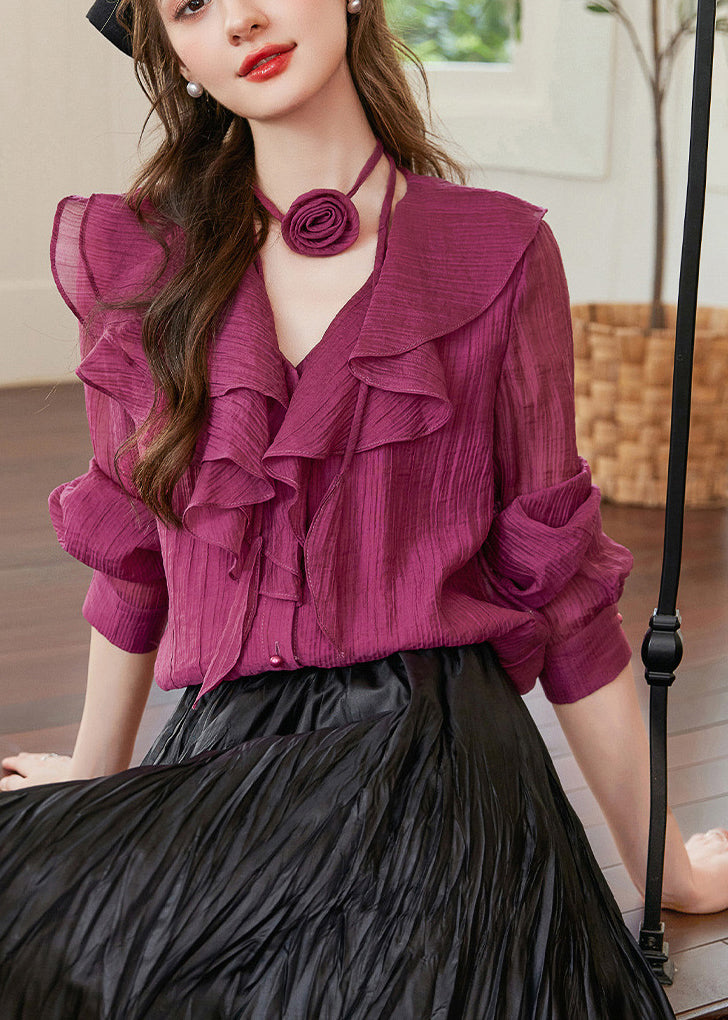 Fashion Purple V Neck Ruffled Patchwork Removable Floral Shirts Fall