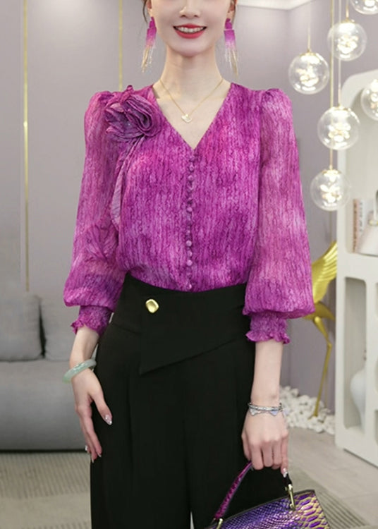 Fashion Purple V Neck Tie Dye Chiffon Blouses Fall