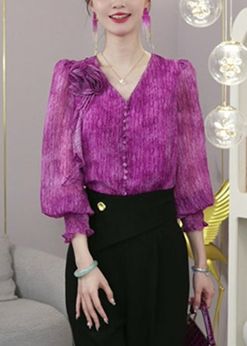 Fashion Purple V Neck Tie Dye Chiffon Blouses Fall