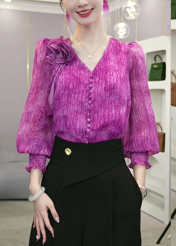 Fashion Purple V Neck Tie Dye Chiffon Blouses Fall