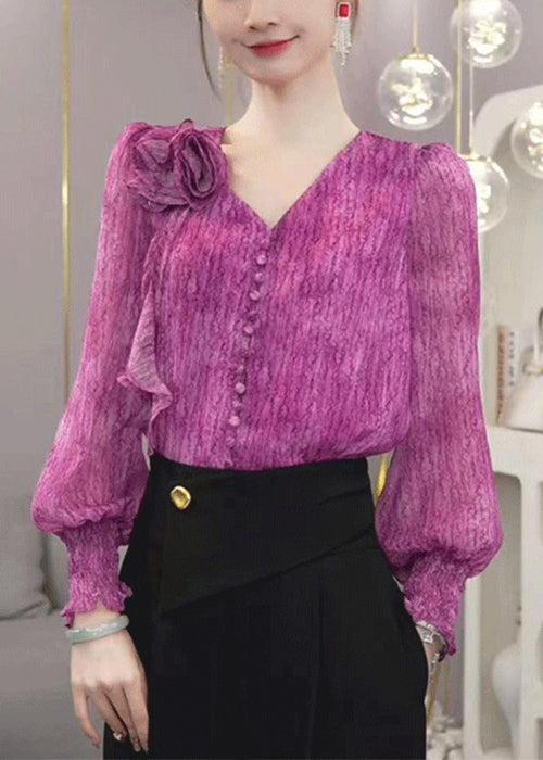 Fashion Purple V Neck Tie Dye Chiffon Blouses Fall