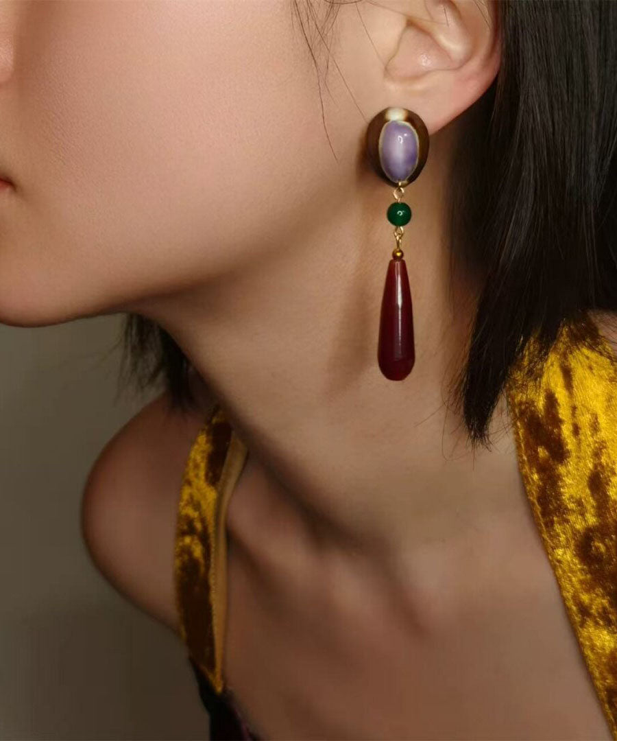 Fashion Rainbow Alloy Chalcedony Agate Shell Conch Drop Earrings