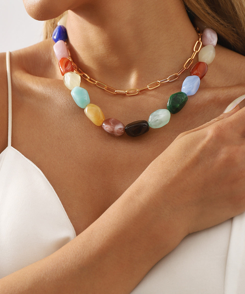 Fashion Rainbow Alloy Resin Beading Double-Layer Gratuated Bead Necklace