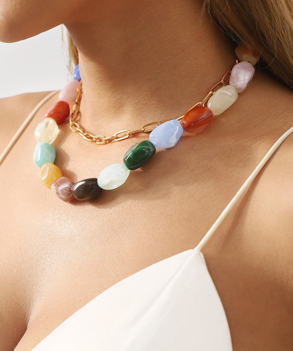 Fashion Rainbow Alloy Resin Beading Double-Layer Gratuated Bead Necklace