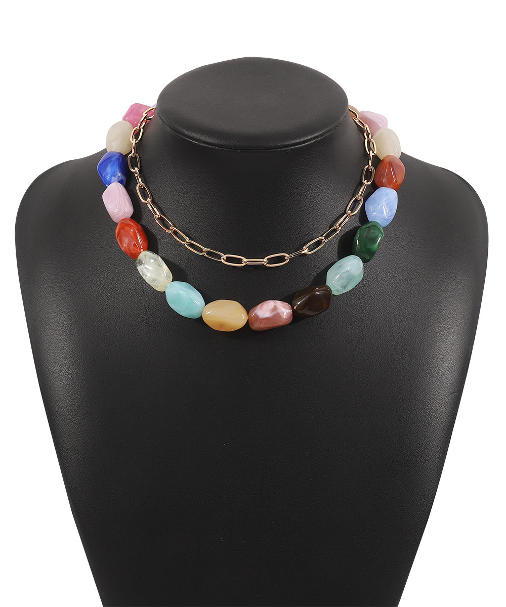 Fashion Rainbow Alloy Resin Beading Double-Layer Gratuated Bead Necklace