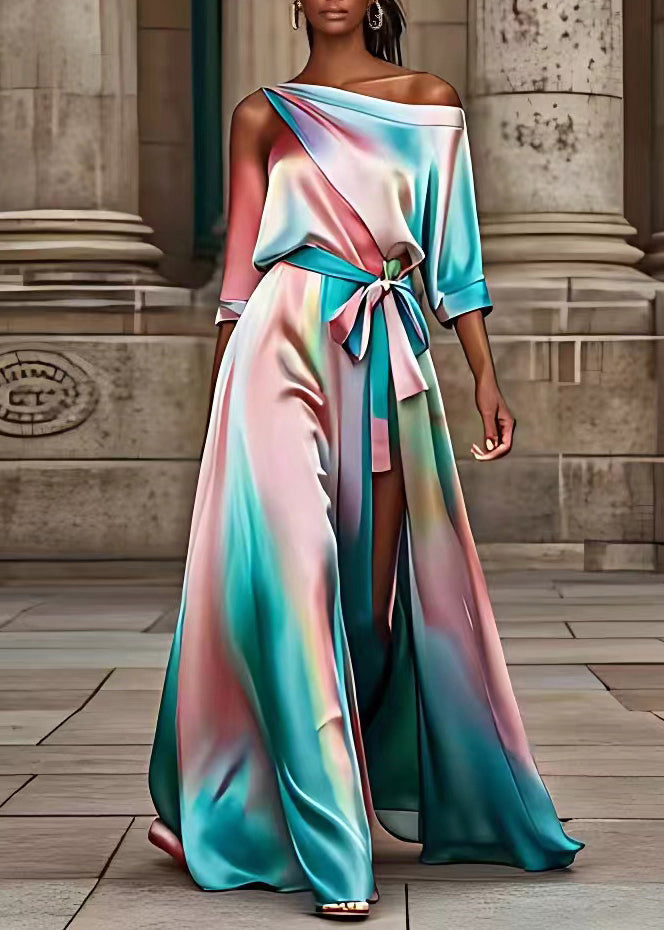 Fashion Rainbow Asymmetrical Patchwork Silk Maxi Dress Summer - Omychic