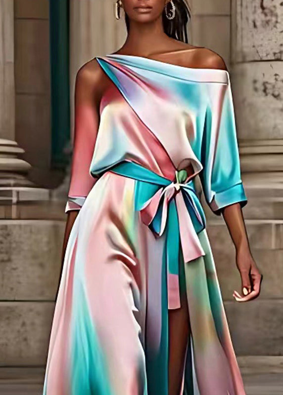 Fashion Rainbow Asymmetrical Patchwork Silk Maxi Dress Summer - Omychic