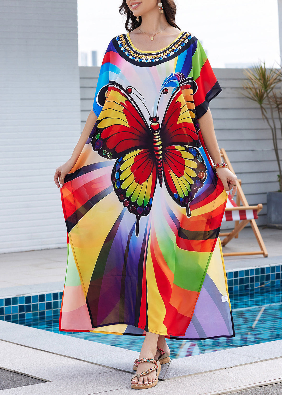 Fashion Rainbow Butterfly Print Side Open Maxi Dress Summer