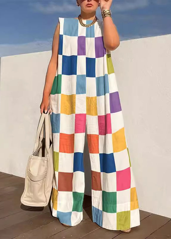 Fashion Rainbow Plaid O-Neck Jumpsuits Sleeveless