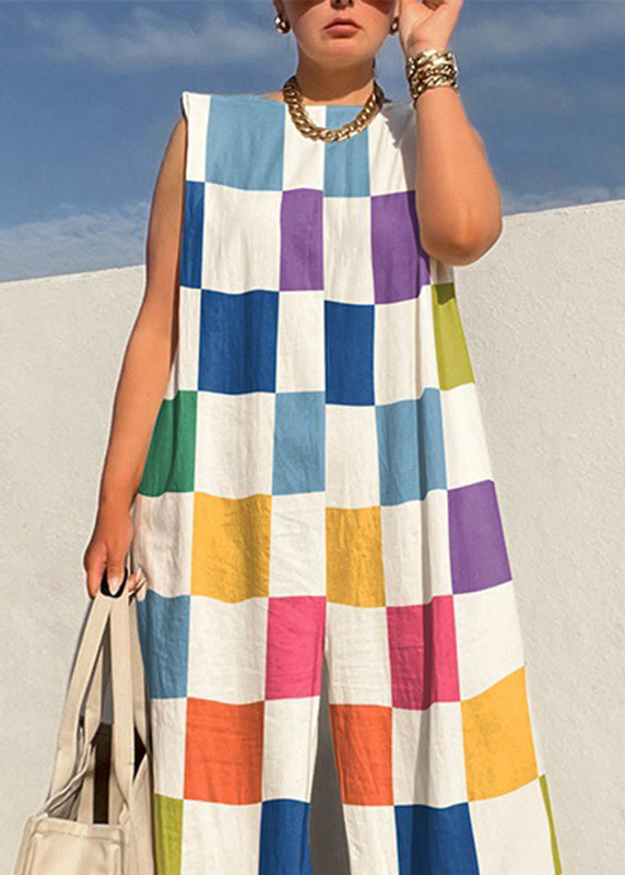 Fashion Rainbow Plaid O-Neck Jumpsuits Sleeveless