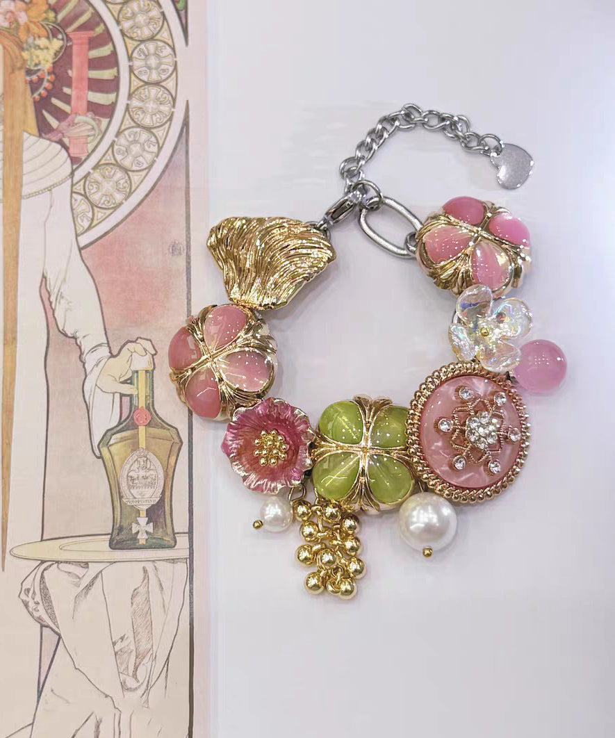 Fashion Rainbow Stainless Steel Floral Pearl Tassel Charm Bracelet