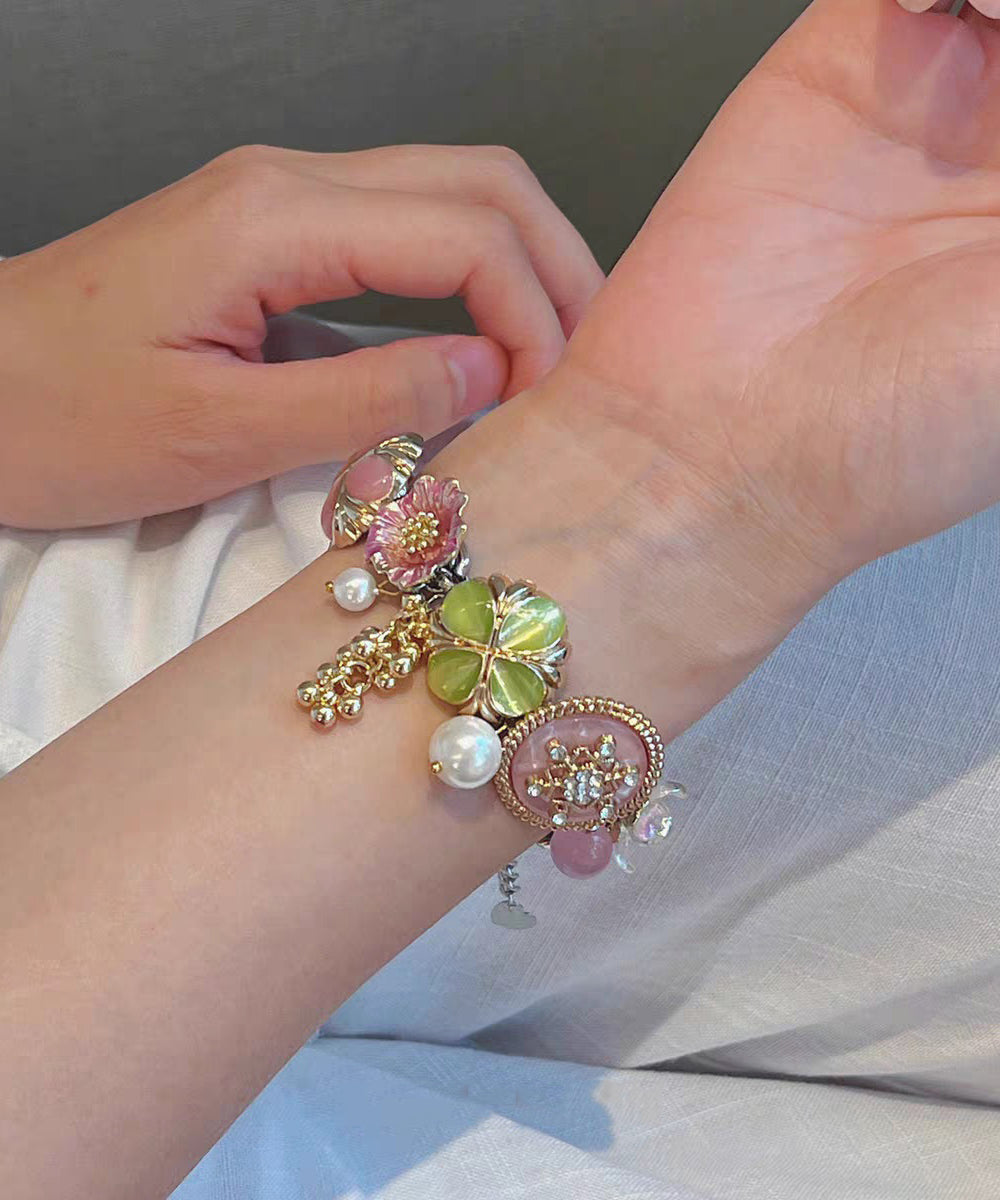 Fashion Rainbow Stainless Steel Floral Pearl Tassel Charm Bracelet