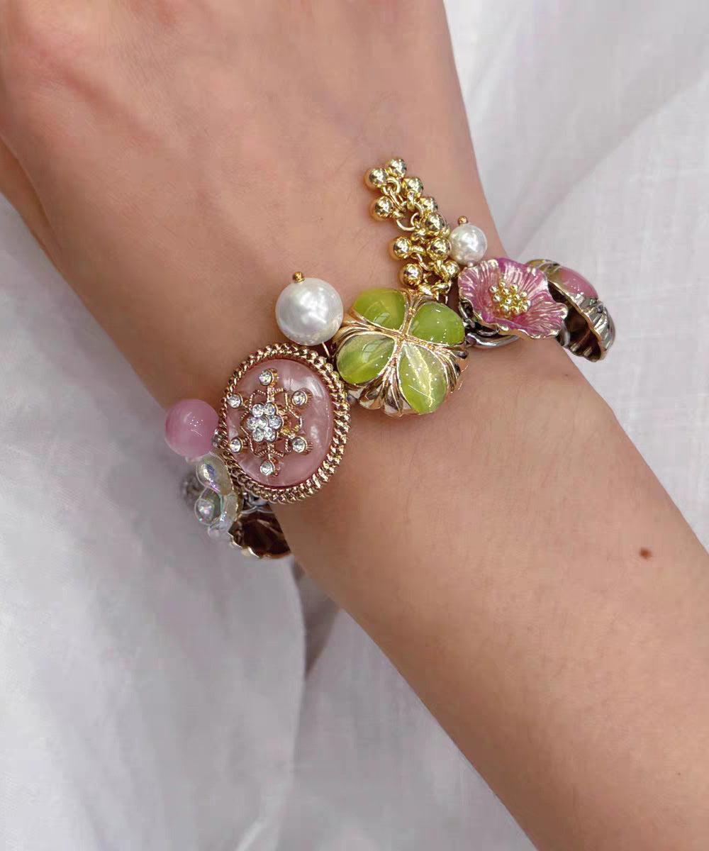 Fashion Rainbow Stainless Steel Floral Pearl Tassel Charm Bracelet