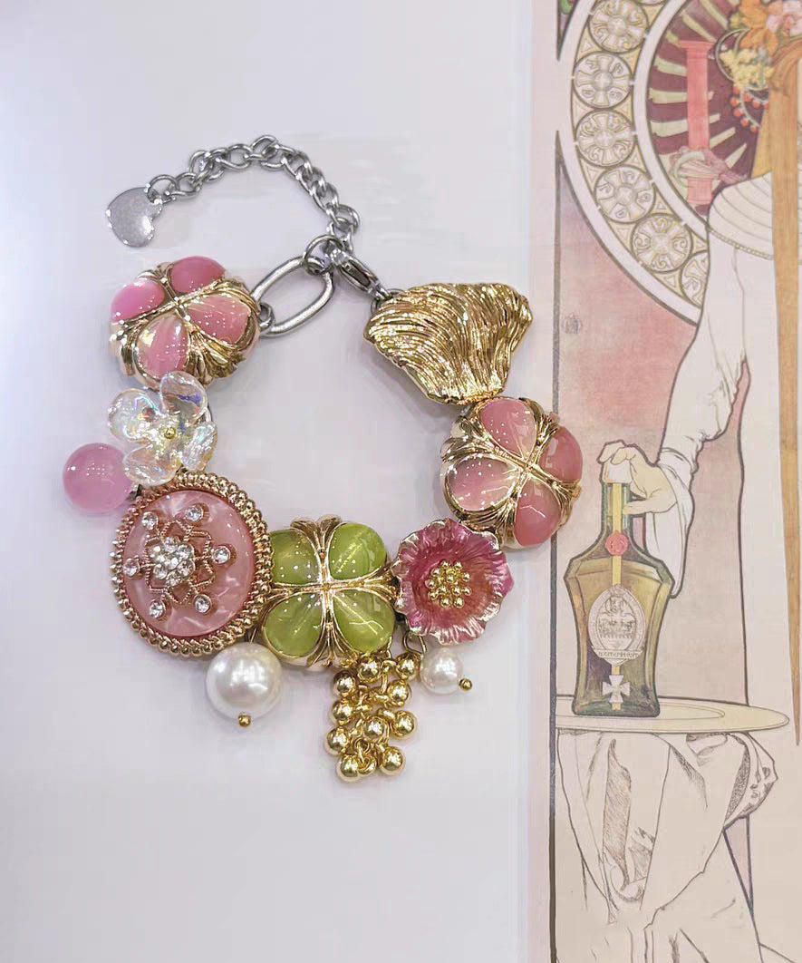 Fashion Rainbow Stainless Steel Floral Pearl Tassel Charm Bracelet