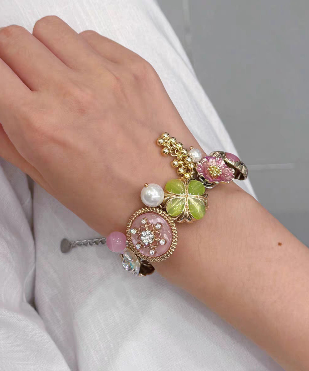 Fashion Rainbow Stainless Steel Floral Pearl Tassel Charm Bracelet