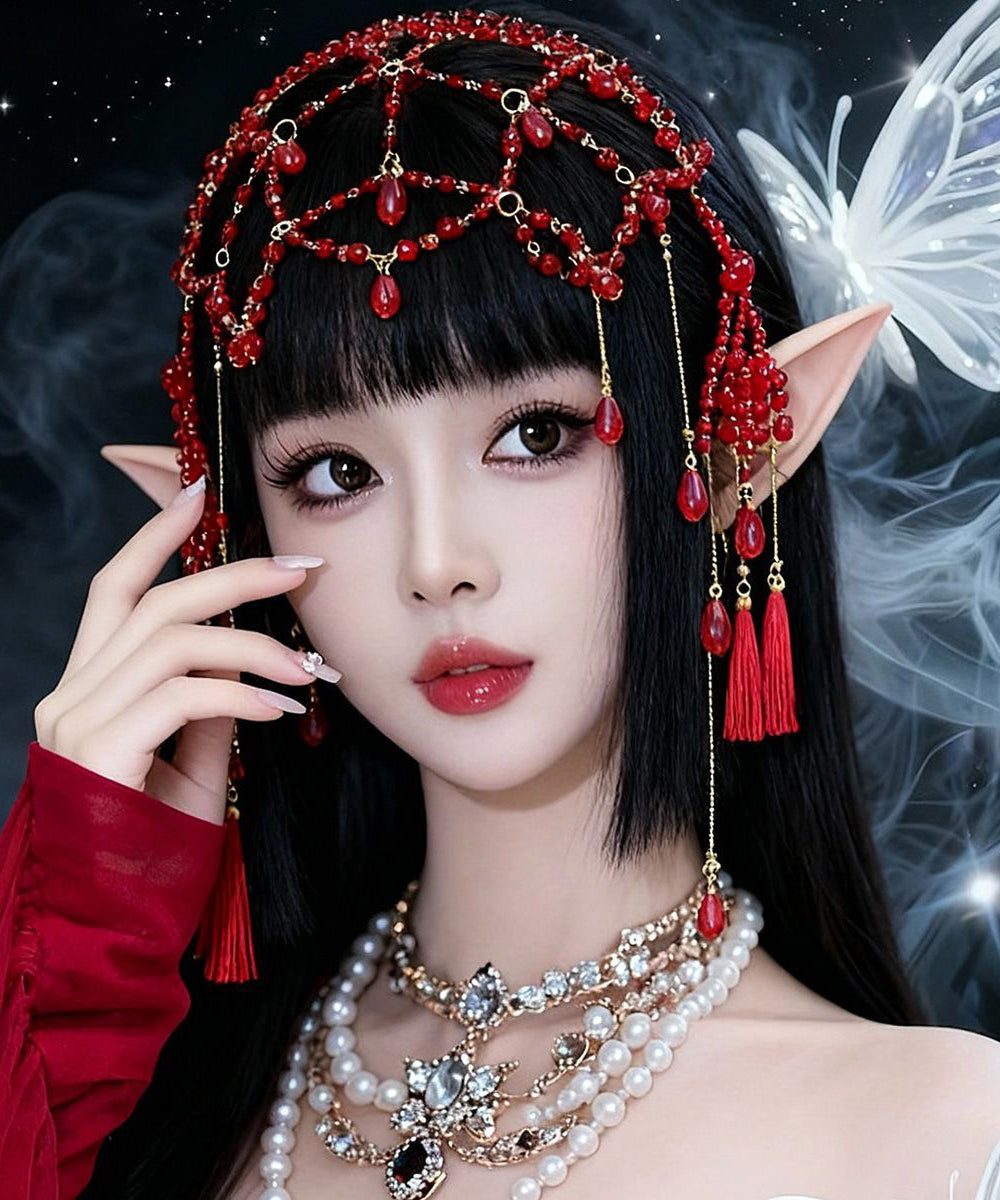 Fashion Red Alloy Pearl Hollow Out Tassel Headwea