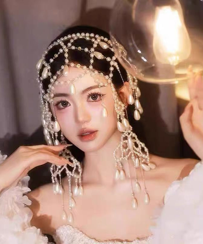 Fashion Red Alloy Pearl Hollow Out Tassel Headwea