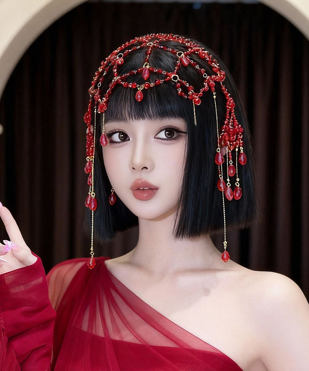 Fashion Red Alloy Pearl Hollow Out Tassel Headwea