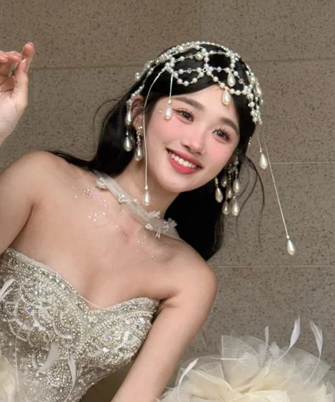 Fashion Red Alloy Pearl Hollow Out Tassel Headwea