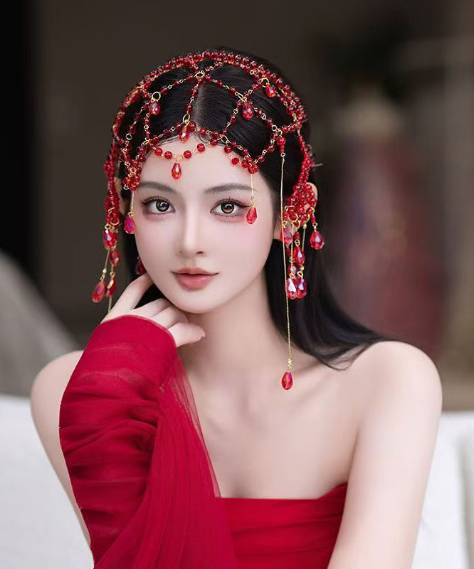 Fashion Red Alloy Pearl Hollow Out Tassel Headwea