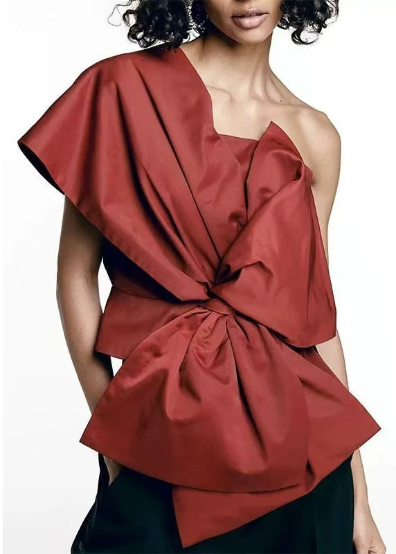 Fashion Red Asymmetrical Bow Splicing Design Top Summer